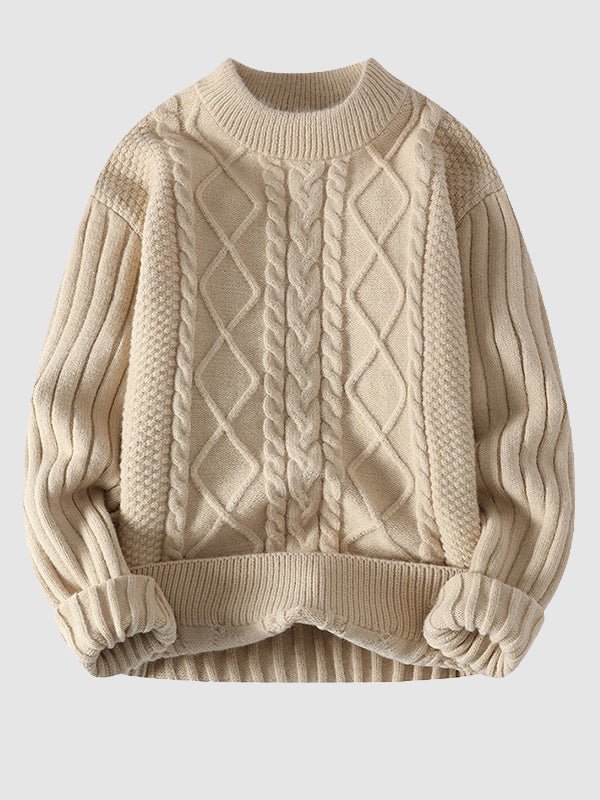 Elegant men's classic cable knit crew neck sweater, a versatile piece for casual layering in winter.
