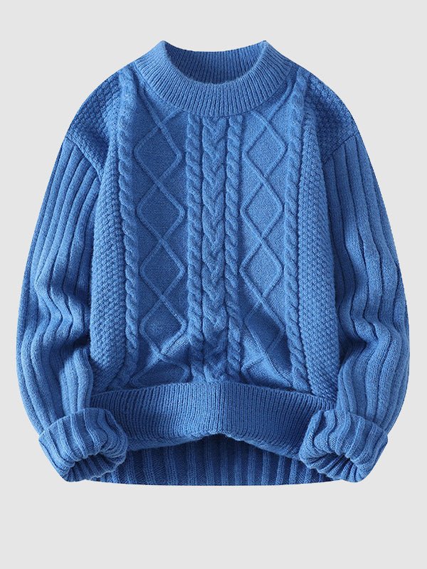 Men's classic cable knit crew neck sweater in a versatile, cozy style, perfect for winter fashion.