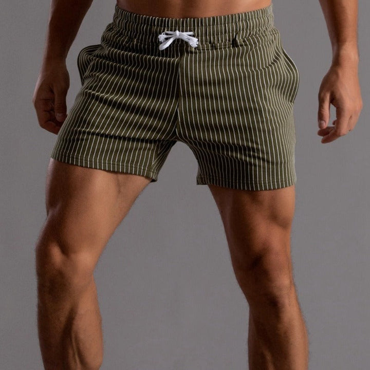 Men's casual green striped shorts with elastic waistband