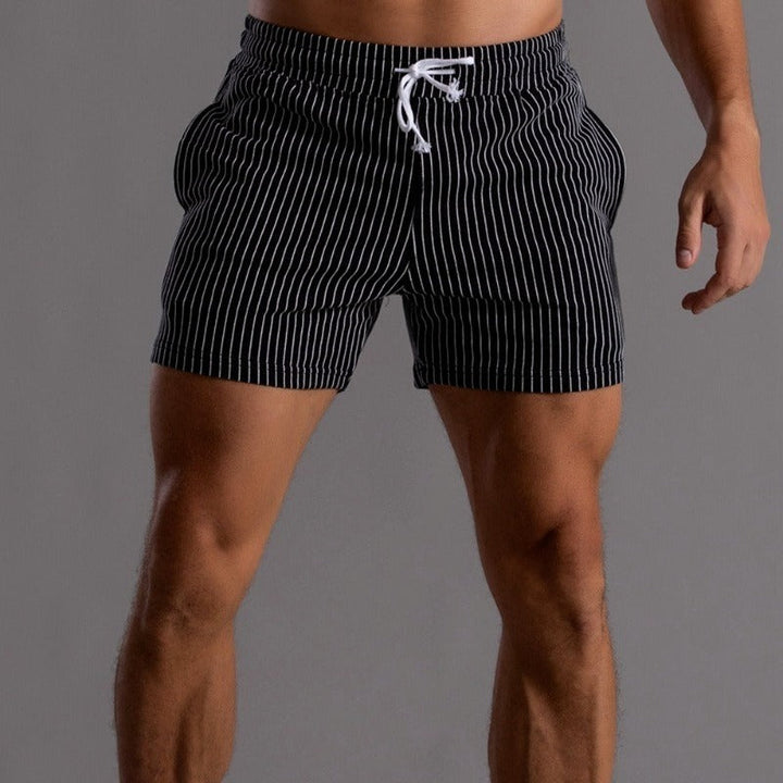 Men's casual black striped shorts with elastic waistband