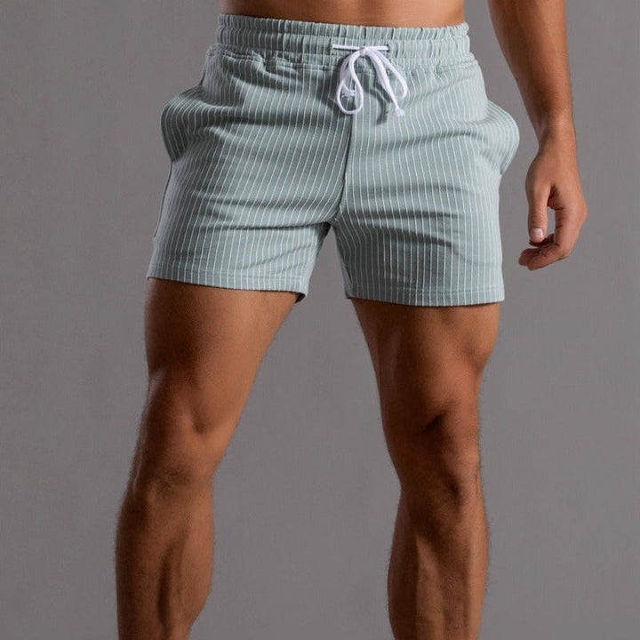 Men's casual blue striped shorts with elastic waistband