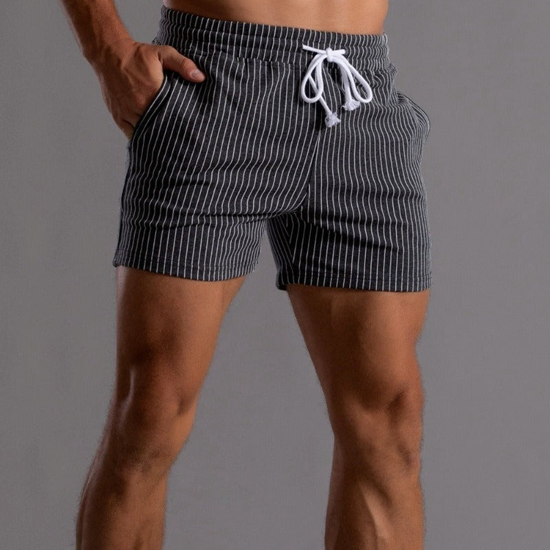 Men's casual grey striped shorts with elastic waistband