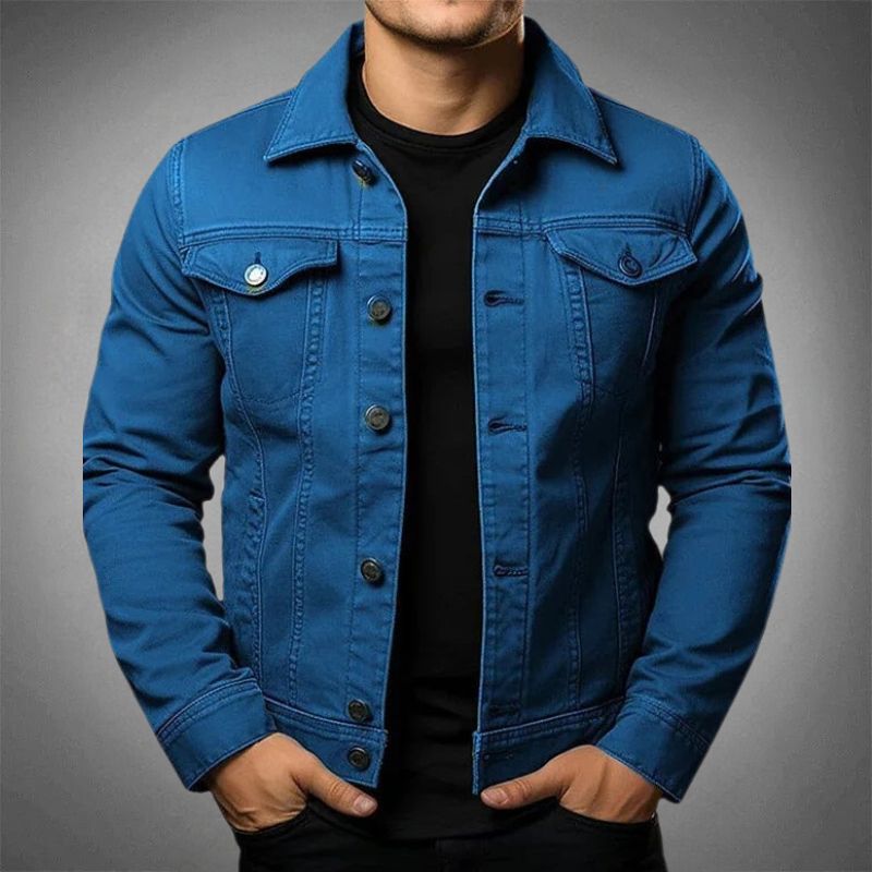 Men's classic denim jacket, stylish versatile design, durable, button-up, chest and side pockets, timeless appeal.