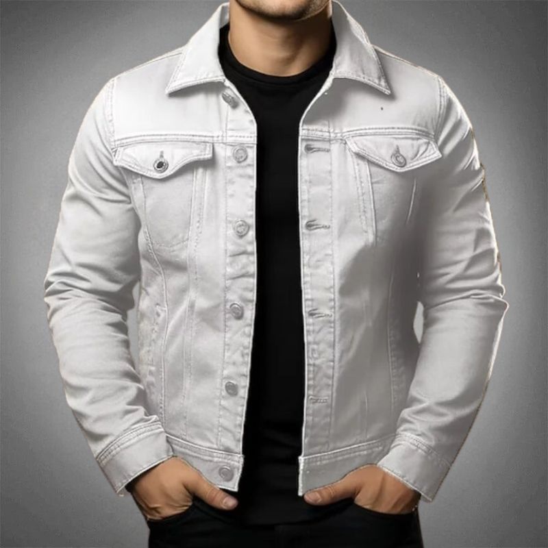 Men's classic denim jacket, stylish versatile design, durable, button-up, chest and side pockets, timeless appeal.