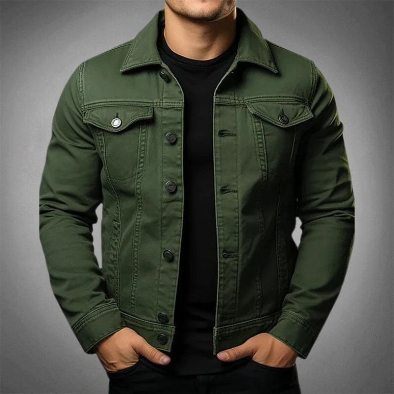 Men's classic denim jacket, stylish versatile design, durable, button-up, chest and side pockets, timeless appeal.