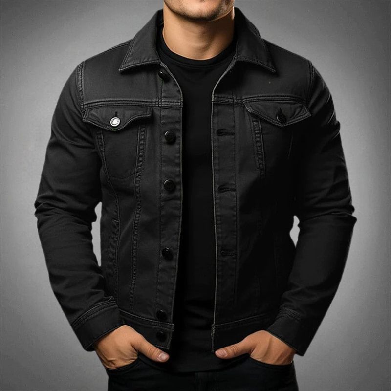 Men's classic denim jacket, stylish versatile design, durable, button-up, chest and side pockets, timeless appeal.