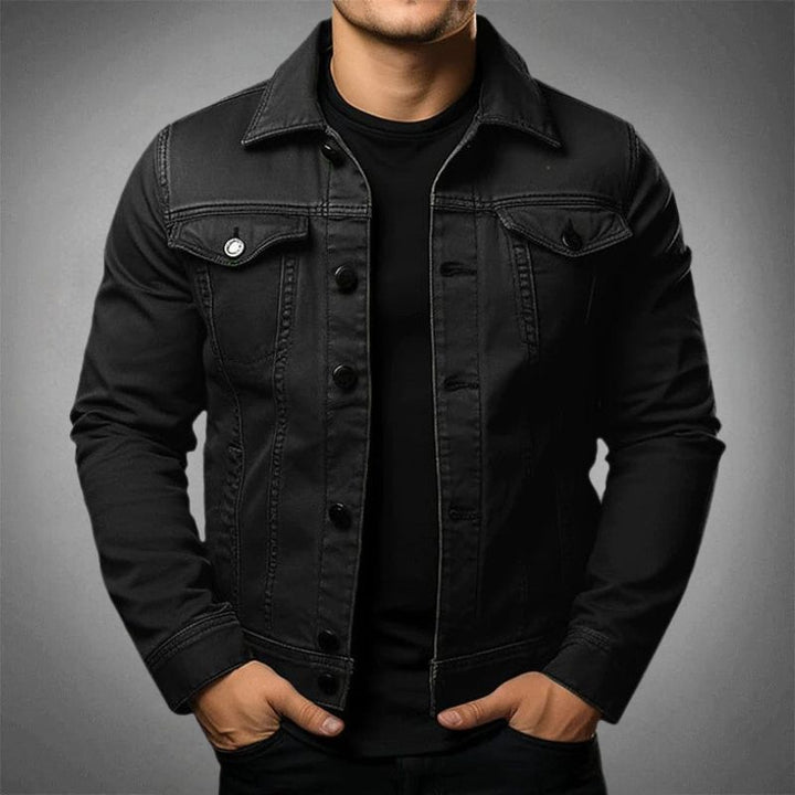 Men's classic denim jacket, stylish versatile design, durable, button-up, chest and side pockets, timeless appeal.
