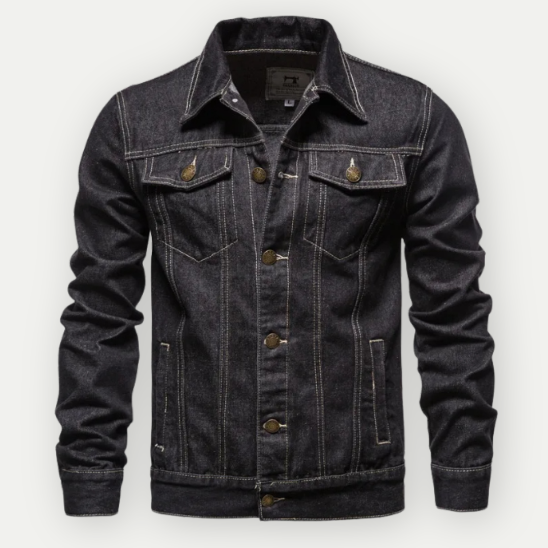 Men's classic denim jacket, structured fit, perfect for layering in spring or autumn, includes front and back views.