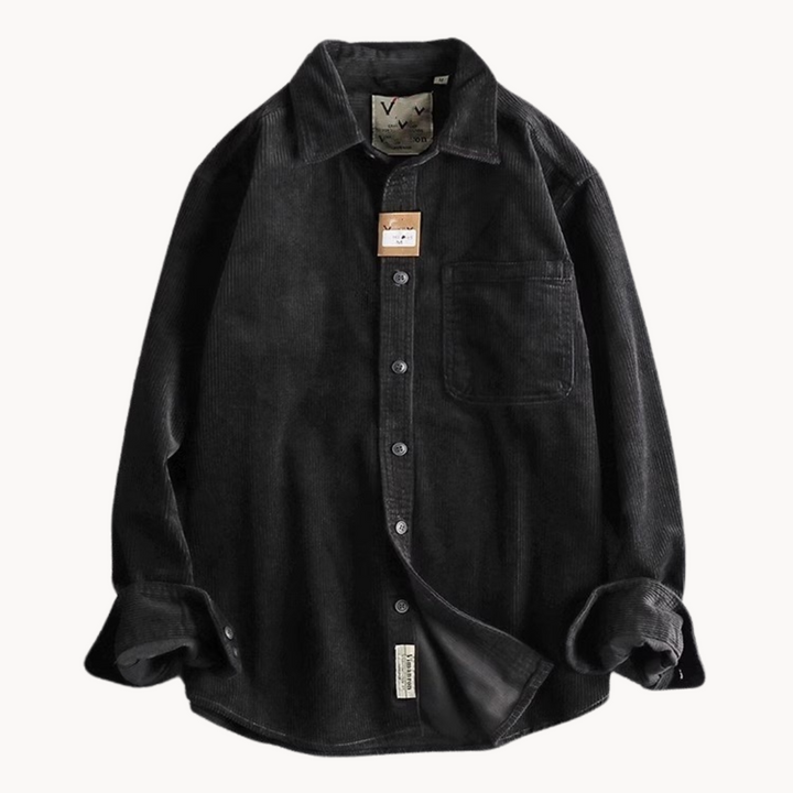 Men's classic orange corduroy shirt with button-down front and textured fabric, ideal for layering and timeless style.