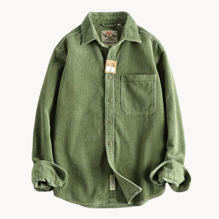 Men's classic orange corduroy shirt with button-down front and textured fabric, ideal for layering and timeless style.