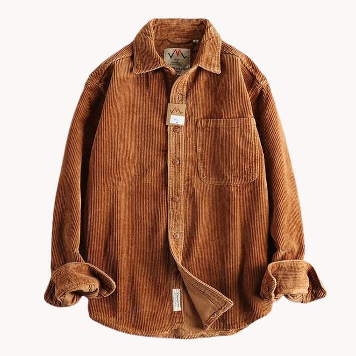 Men's classic orange corduroy shirt with button-down front and textured fabric, ideal for layering and timeless style.
