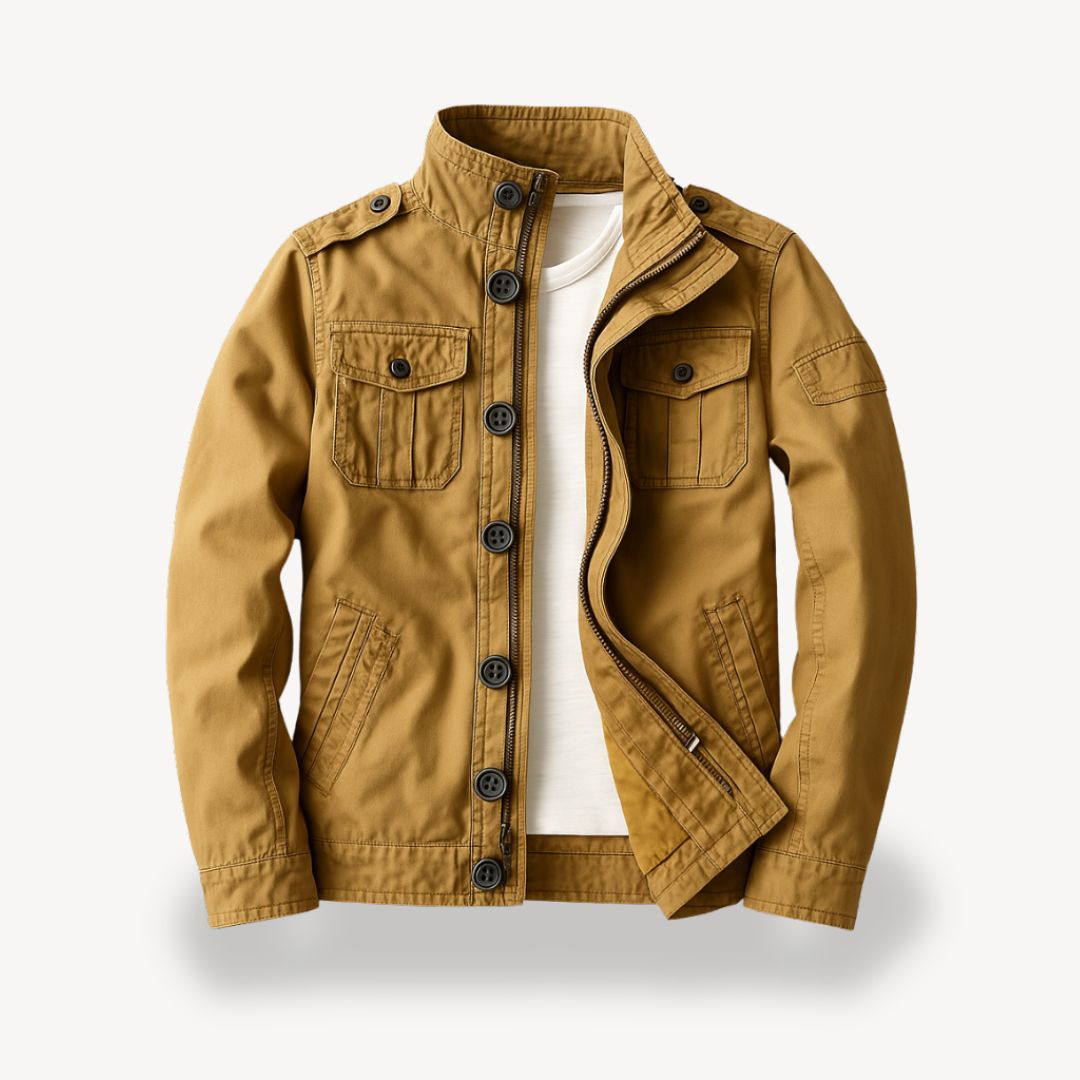 "Men's cotton field jacket, military style, army green, front view with four flap pockets and stand-up collar."