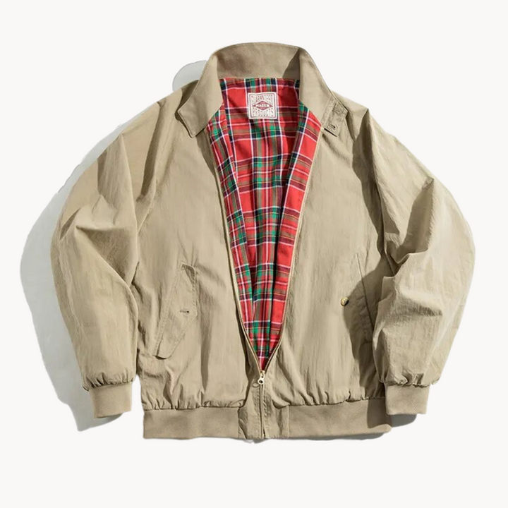 Men's cotton Harrington jacket, front view; classic lapel collar and zipper, versatile design for stylish all-season wear.