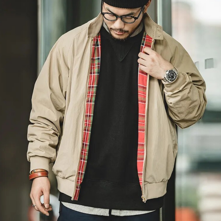 Men's cotton Harrington jacket, front view; classic lapel collar and zipper, versatile design for stylish all-season wear.