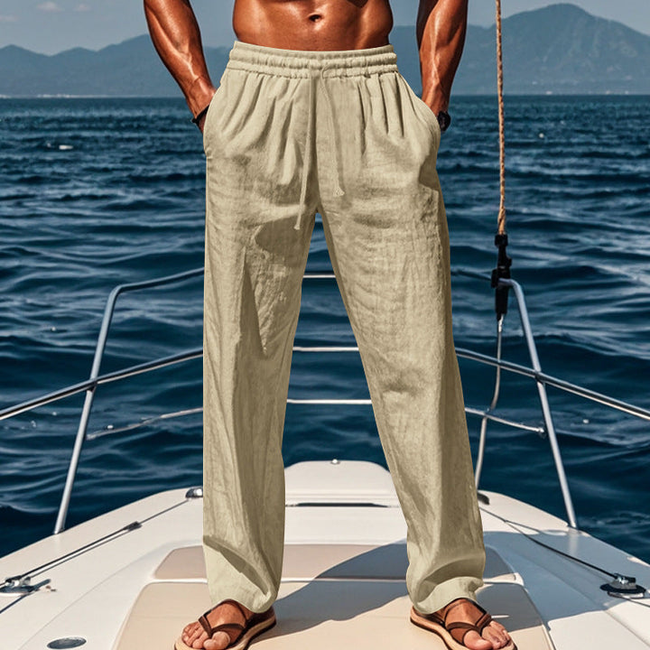 "Men's cotton linen loose trousers, breathable fabric, relaxed fit, available in Black, Grey, Khaki, Navy Blue."