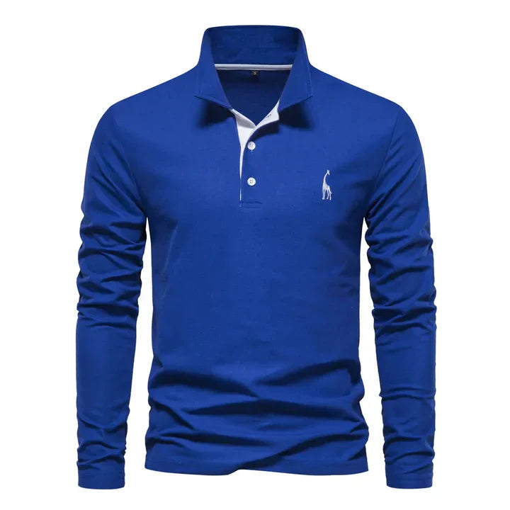 Men's cotton long-sleeved polo shirt with classic collar, shown in stylish black and red, offers modern comfort and elegance.
