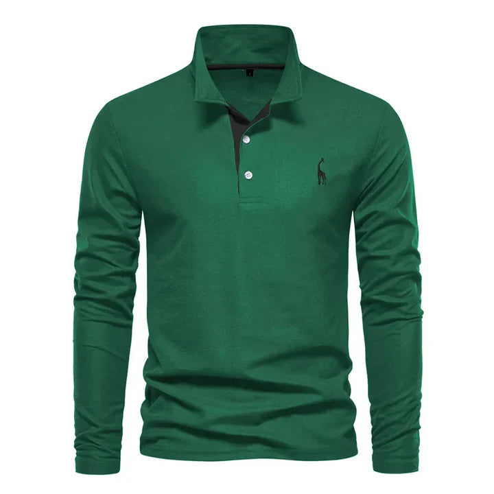 Men's cotton long-sleeved polo shirt with classic collar, shown in stylish black and red, offers modern comfort and elegance.