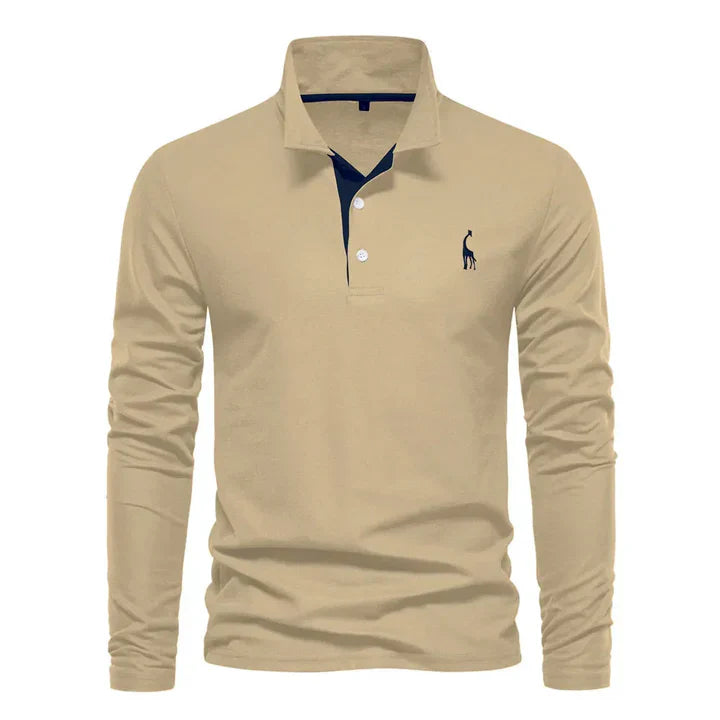 Men's cotton long-sleeved polo shirt with classic collar, shown in stylish black and red, offers modern comfort and elegance.