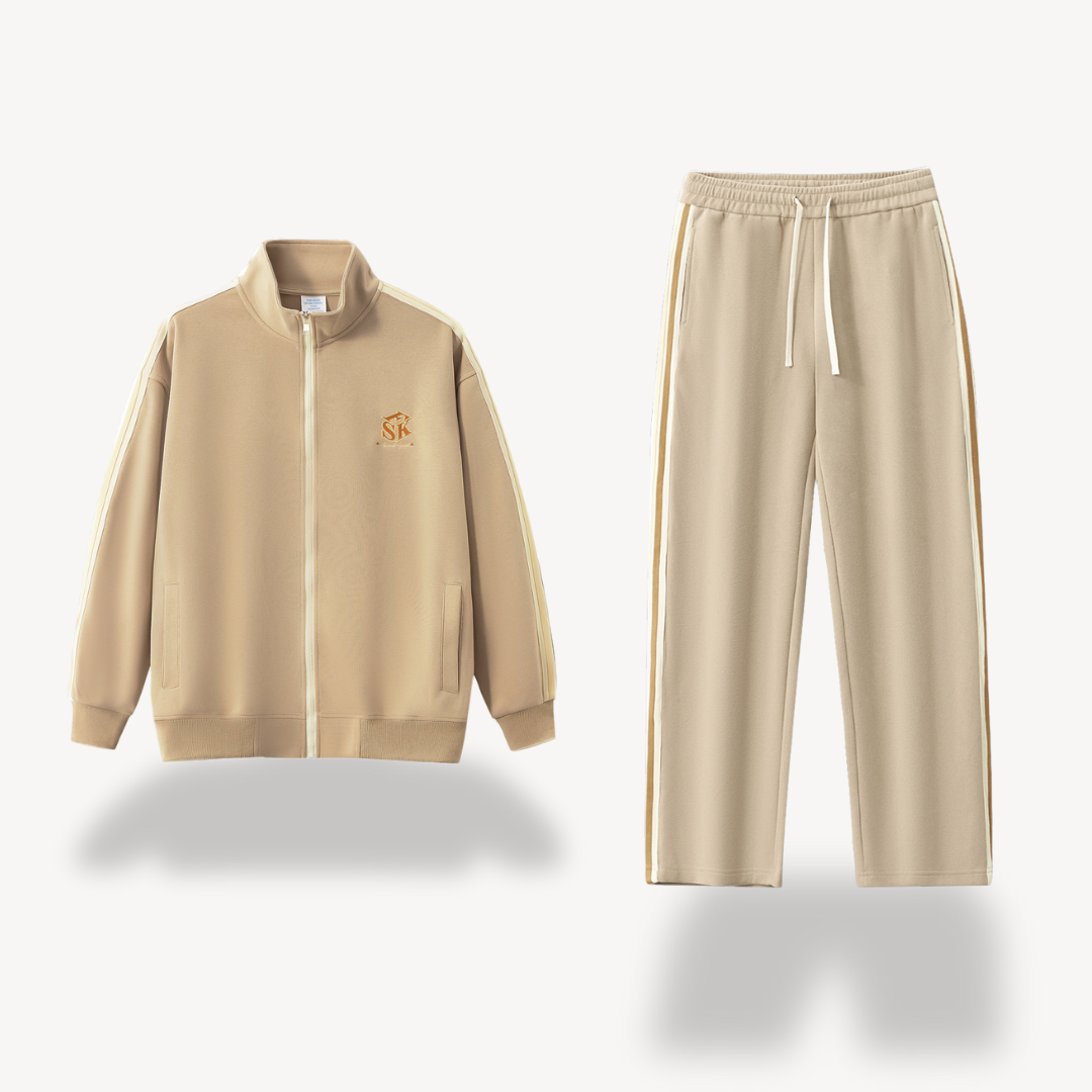 "Men's cotton tracksuit with zip-up jacket, drawstring pants; features sporty stripes, ideal for workouts or casual wear."