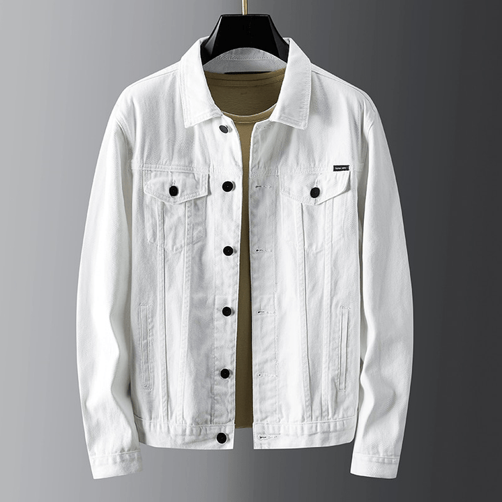 "Men's denim jacket front view with button-front closure, classic spread collar, and premium cotton fabric for style and comf