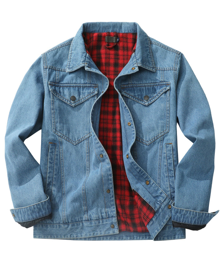 Men's denim wanderer jacket, flannel-lined, brown color, dual chest pockets, button-front closure, rugged and stylish.
