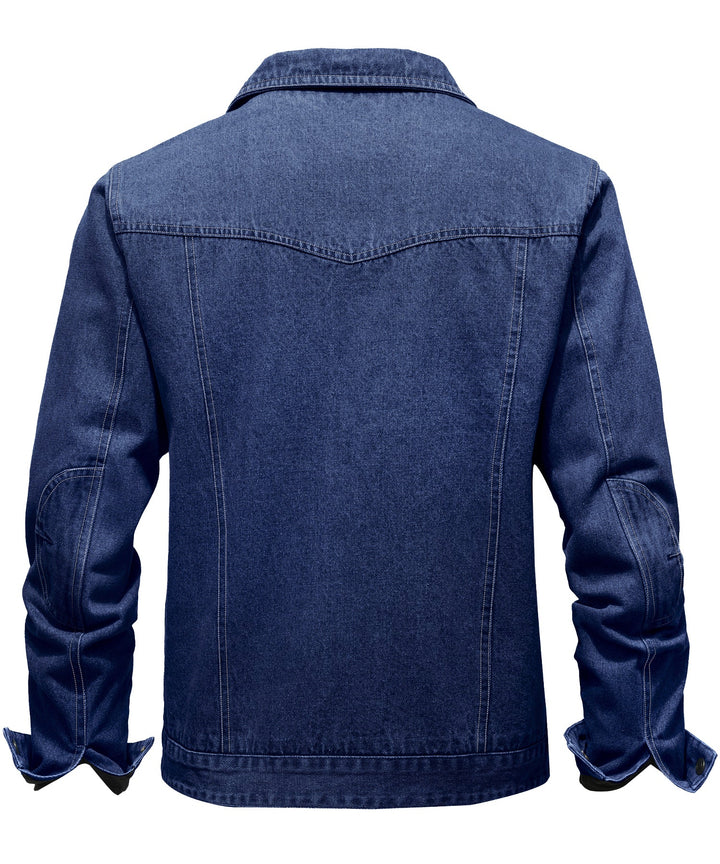 Men's denim wanderer jacket, flannel-lined, brown color, dual chest pockets, button-front closure, rugged and stylish.