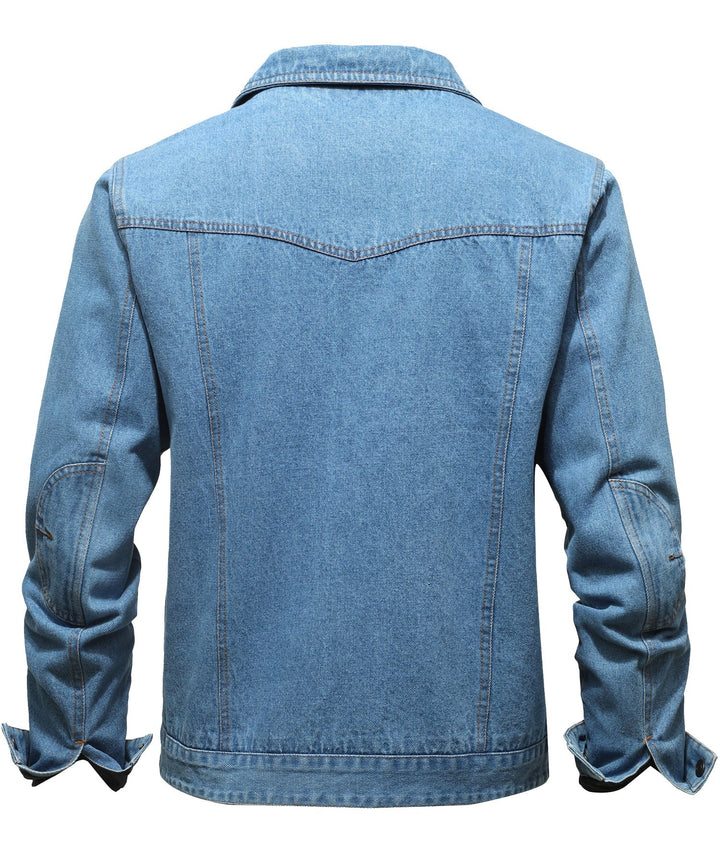 Men's denim wanderer jacket, flannel-lined, brown color, dual chest pockets, button-front closure, rugged and stylish.