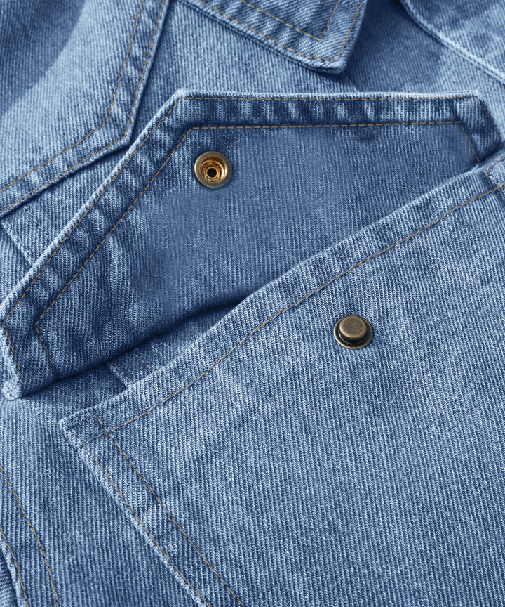 Men's denim wanderer jacket, flannel-lined, brown color, dual chest pockets, button-front closure, rugged and stylish.