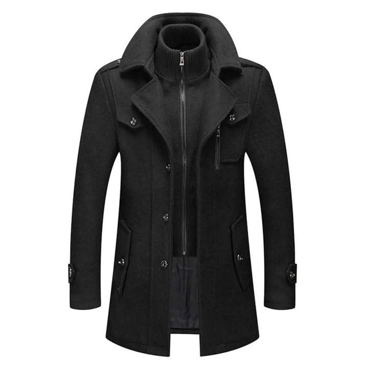 Men's double-layer winter coat with integrated knit collar. Mid-length, single-breasted, ideal for cold weather outerwear.