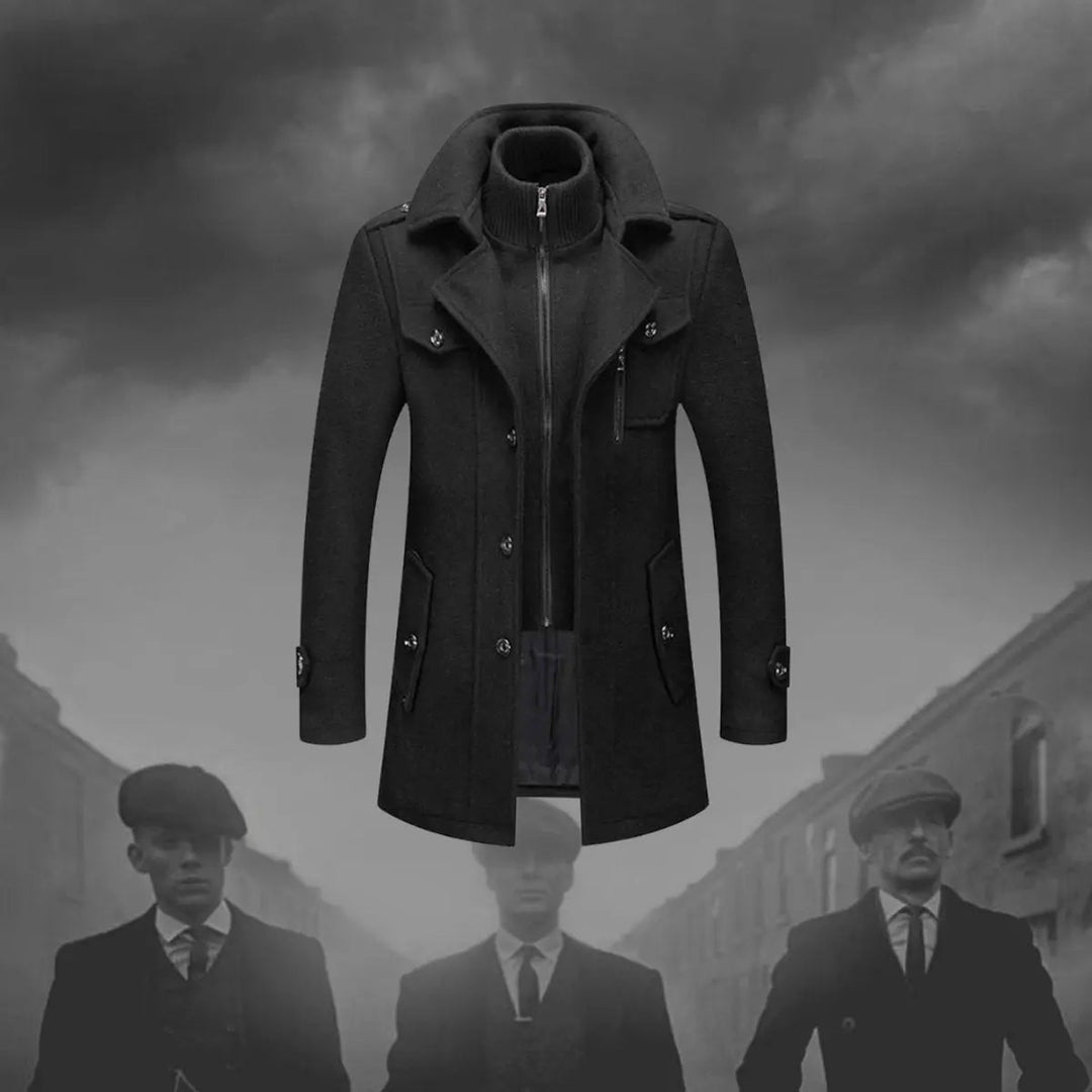 Warm men's double-layer winter coat featuring a cozy knit collar. Tailored, mid-length outerwear for cold weather.