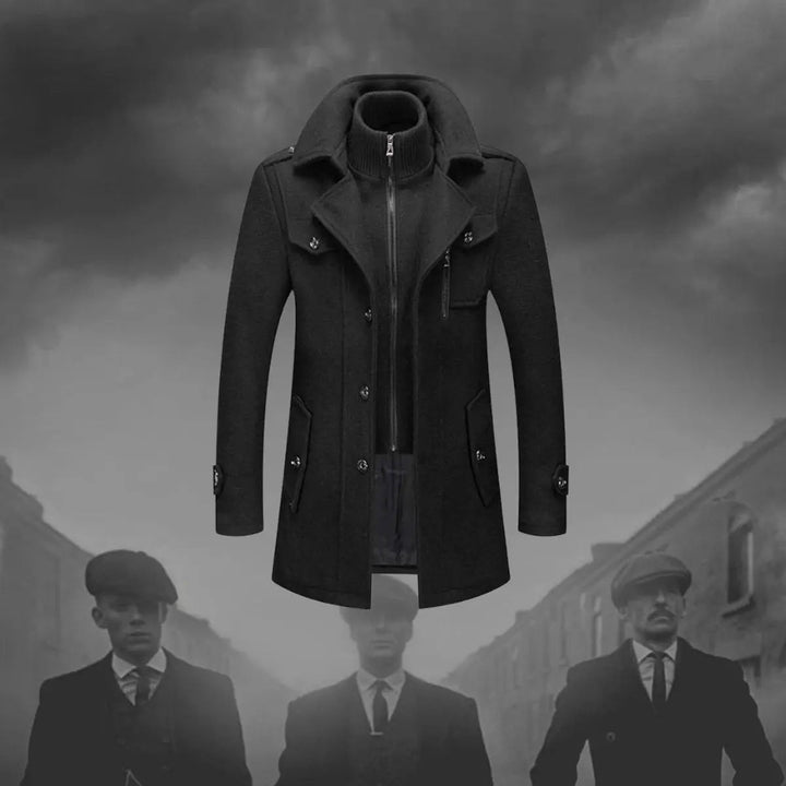 Warm men's double-layer winter coat featuring a cozy knit collar. Tailored, mid-length outerwear for cold weather.