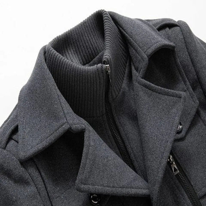 Stylish men's tailored winter coat, mid-length, single-breasted, with a unique integrated knit collar for fashion.