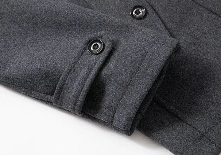 Men's smart double-layer winter coat & integrated knit collar. Perfect mid-length outerwear for cold weather fashion.