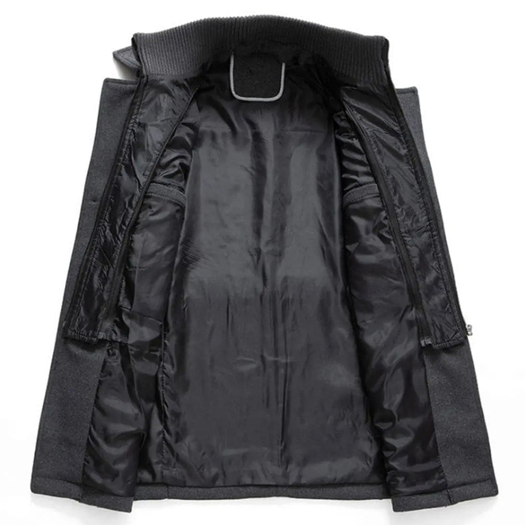 Men's durable double-layer winter coat, integrated knit collar. Mid-length, single-breasted outerwear for cold climates.