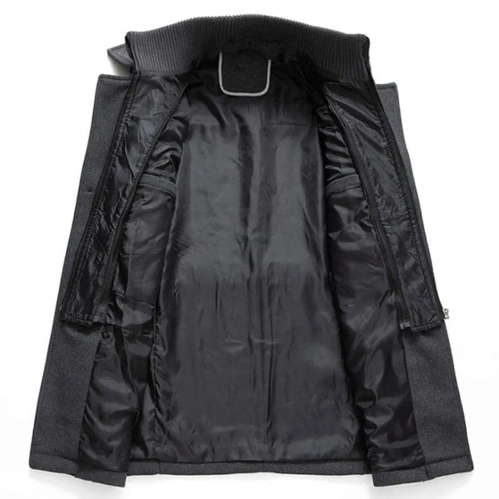 Men's durable double-layer winter coat, integrated knit collar. Mid-length, single-breasted outerwear for cold climates.