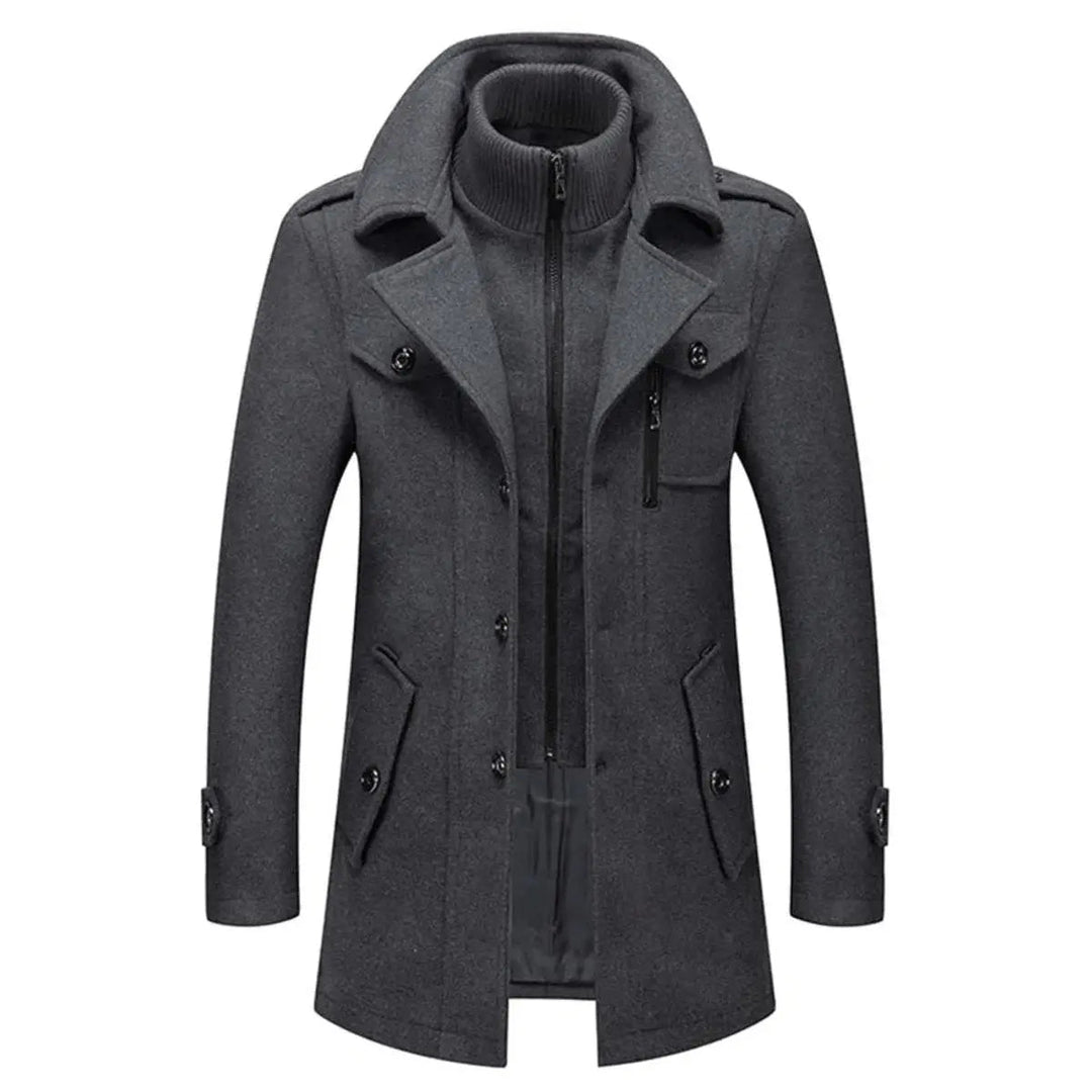 Single-breasted men's winter coat, double-layer design, and integrated knit collar for ultimate warmth & style.