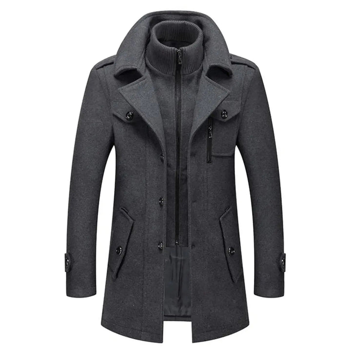 Single-breasted men's winter coat, double-layer design, and integrated knit collar for ultimate warmth & style.