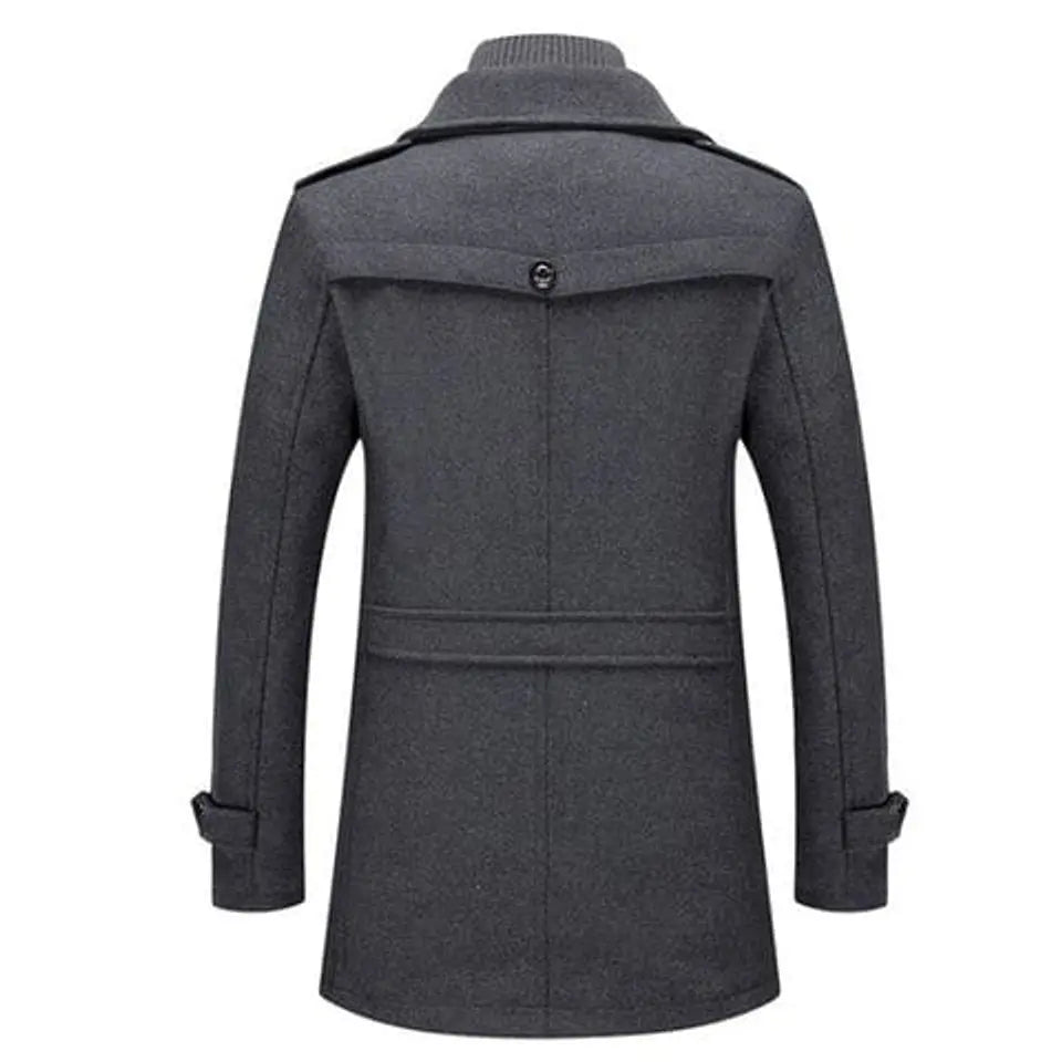 Men's mid-length winter coat, double-layer & knit collar. Perfect cold weather outerwear for modern mens fashion.