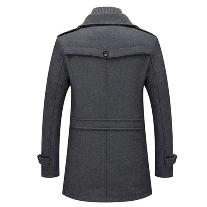 Men's mid-length winter coat, double-layer & knit collar. Perfect cold weather outerwear for modern mens fashion.