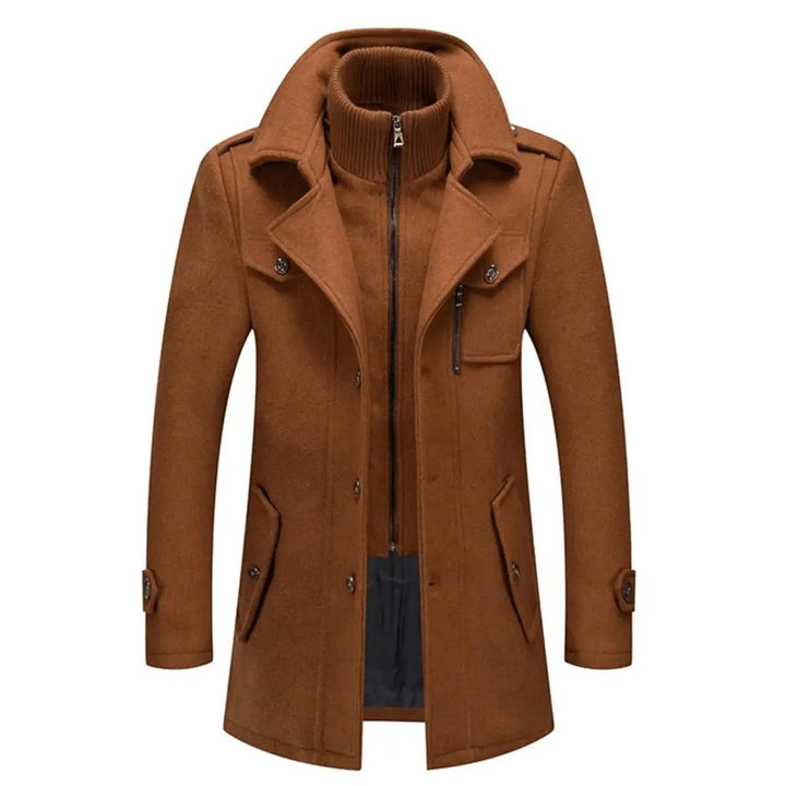 Fashionable men's double-layer winter coat with integrated knit collar. Single-breasted, tailored for cold weather.