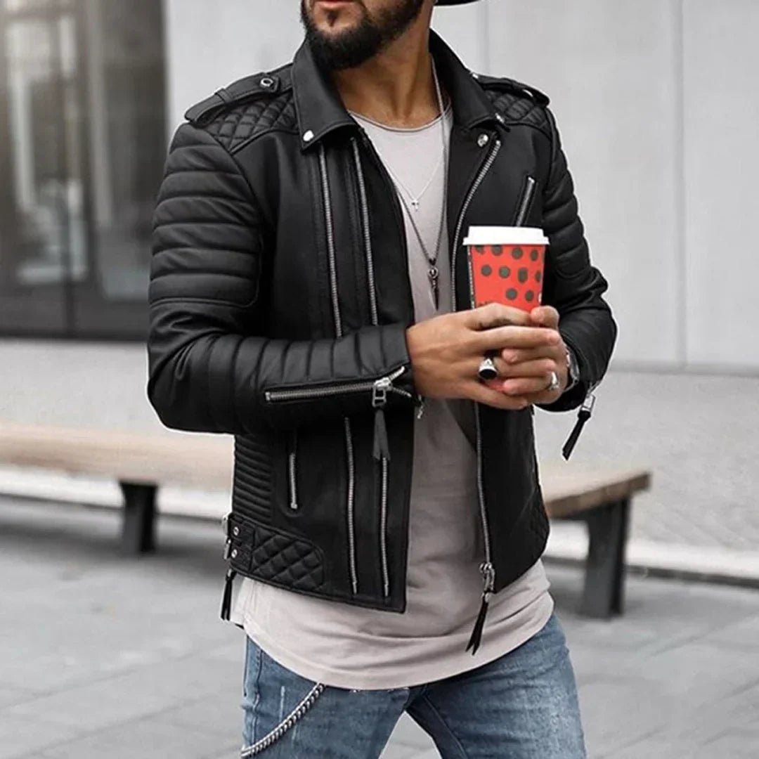 "Men's faux leather jacket with zipper closure, classic style, tailored fit, versatile for any occasion."