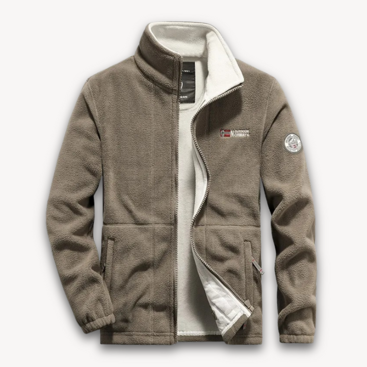 "Men's fleece jacket with full-zip front, thermal lining, in navy, side view against a white background."