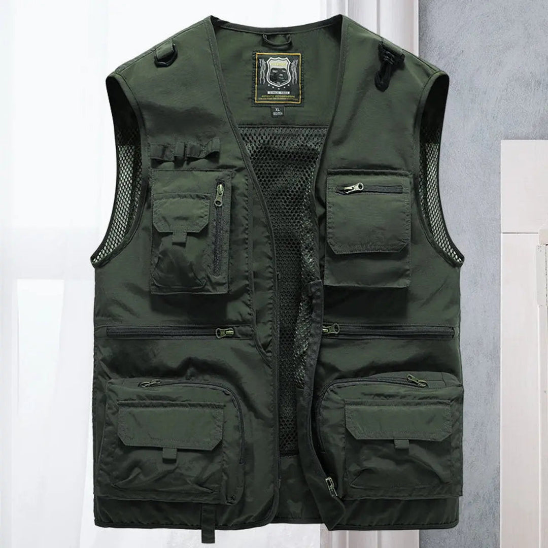 Versatile men's outdoor utility vest for fishing, hiking, camping & travel, with multiple pockets for gear.