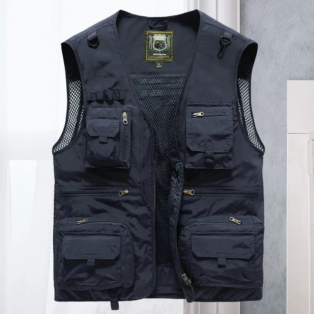 Autumn/winter men's multi-pocket vest, a warm layering piece for outdoor fishing, camping & utility.
