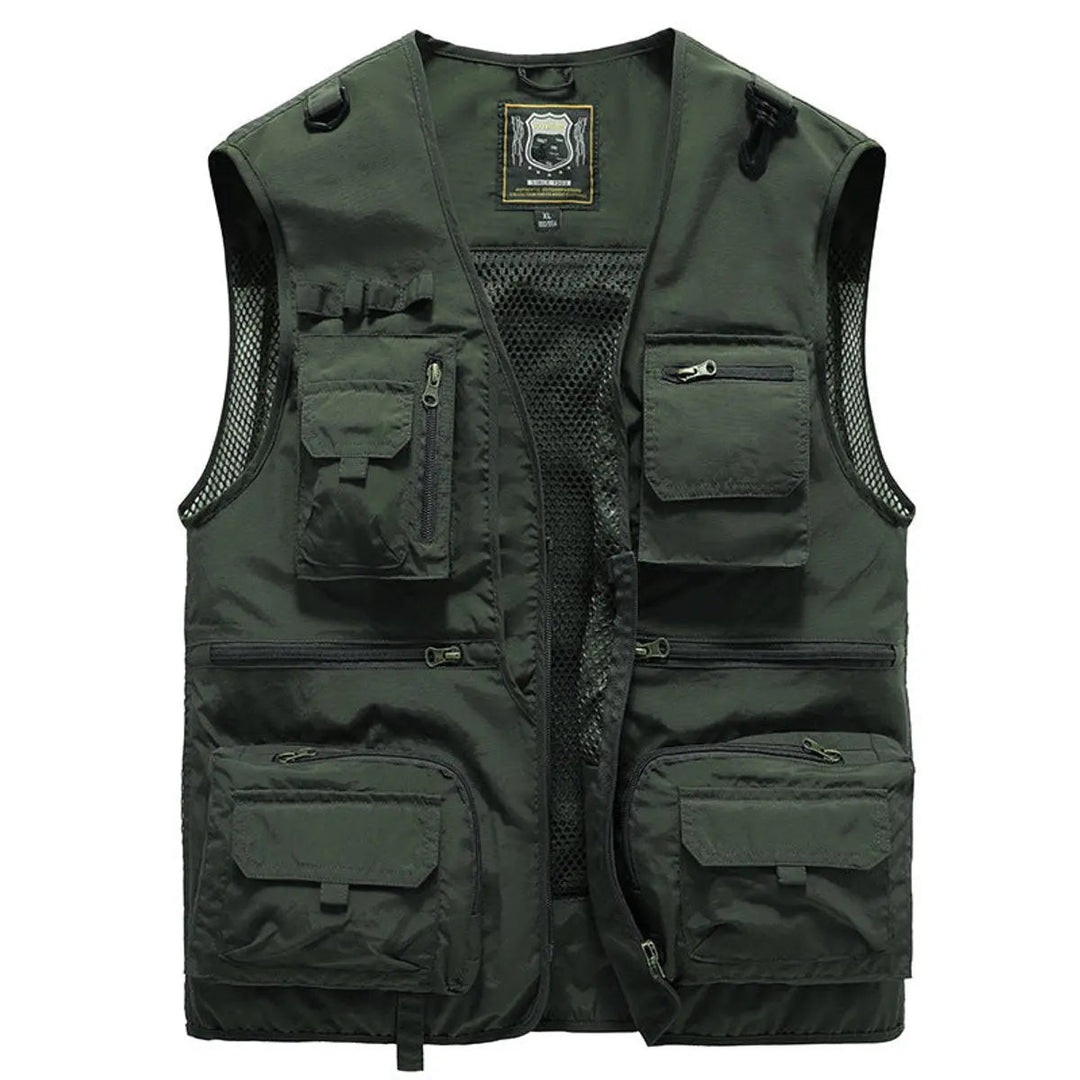 Man wearing a versatile multi-pocket fishing vest while hiking, perfect for outdoor travel & camping.