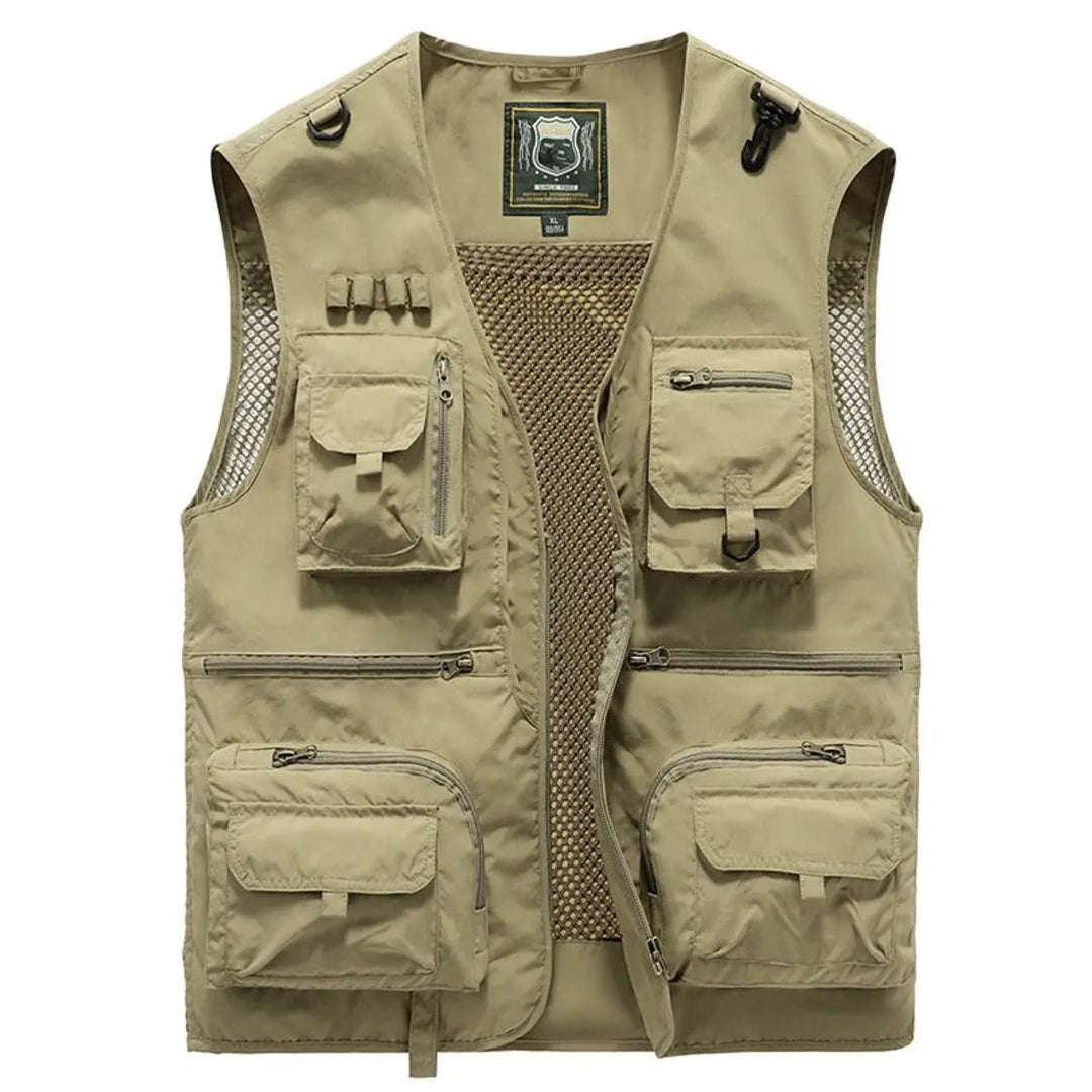 Back view of men's outdoor fishing vest, breathable design for layering during camping or travel.