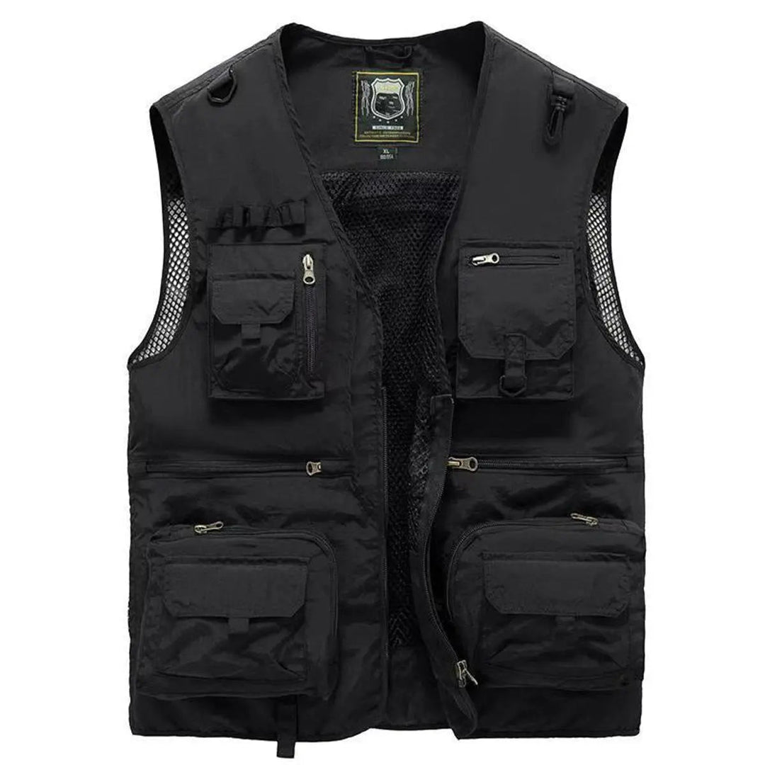 Side view of men's utility vest, showcasing functional pockets & robust construction for outdoor use.