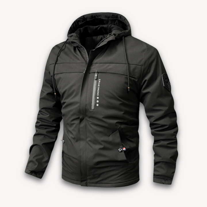 "Men's green waterproof hooded jacket for stylish and durable outerwear. Features sleek design and multi-pocket functionality