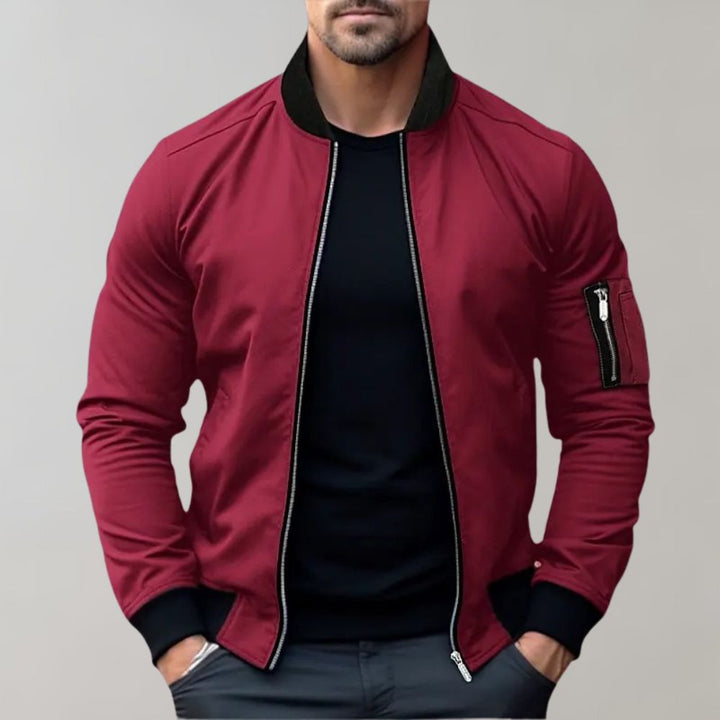 Men's lightweight all-season bomber jacket, regular fit, ribbed cuffs, front view, gray color, versatile outerwear.