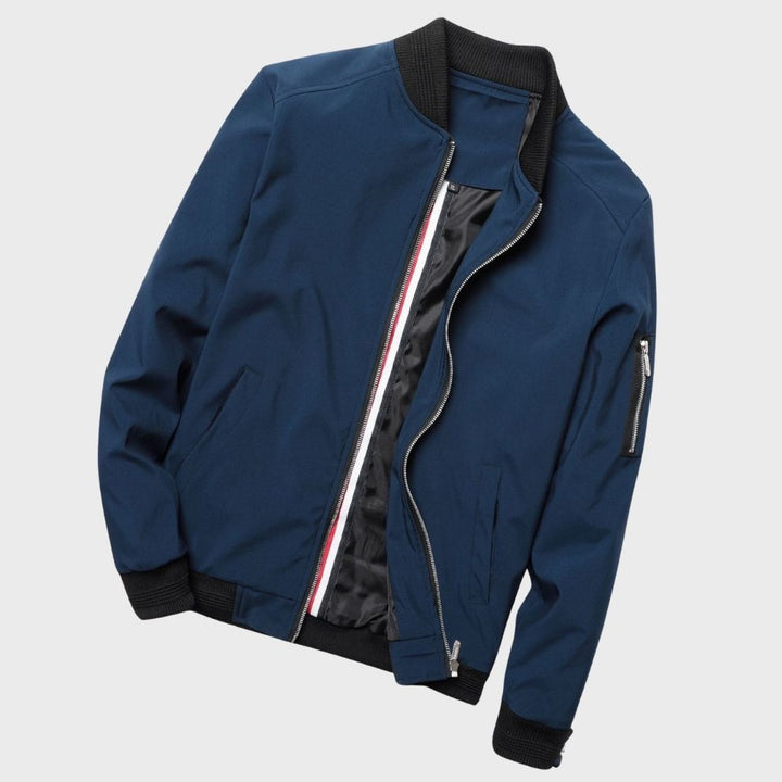 Men's lightweight all-season bomber jacket, regular fit, ribbed cuffs, front view, gray color, versatile outerwear.